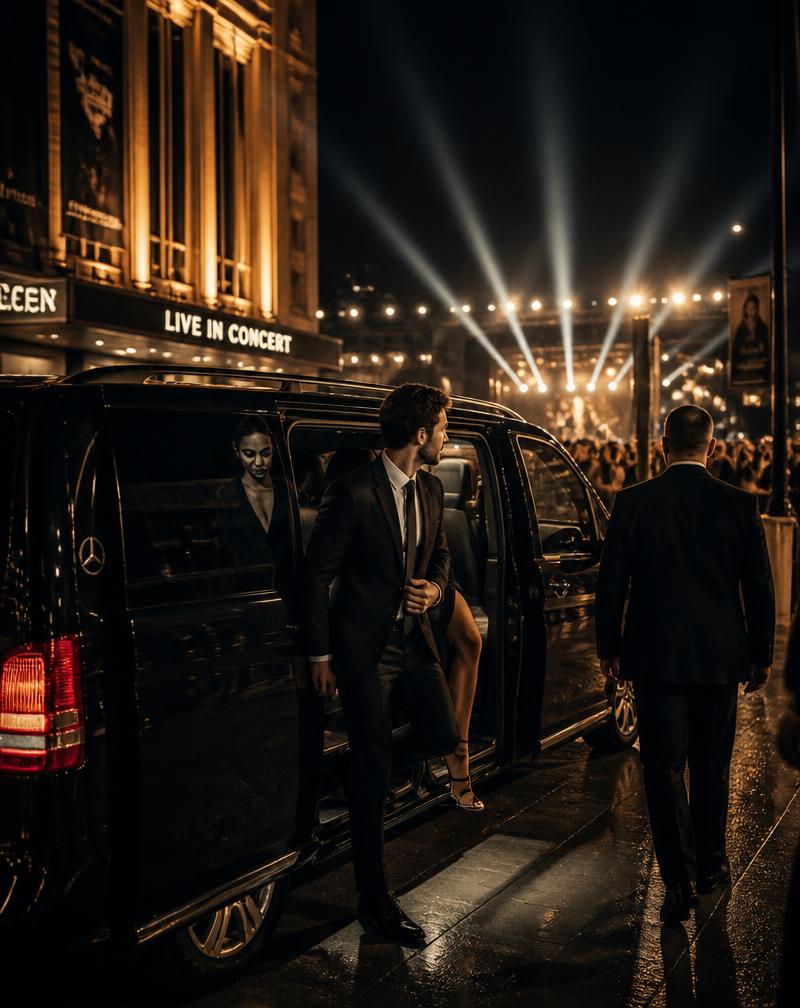Guests in evening wear arriving at a concert venue from a black Mercedes V-Class