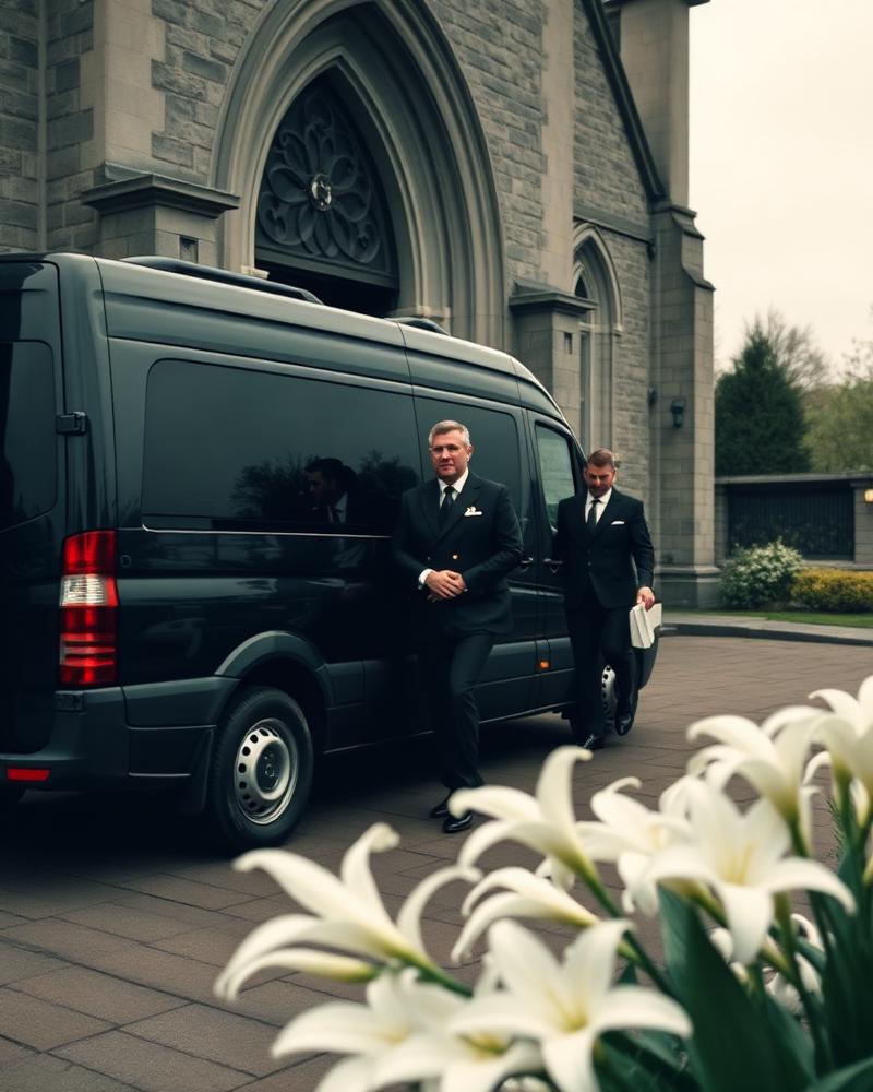 Mourners in formal black attire beside a black Mercedes V-Class outside a chapel