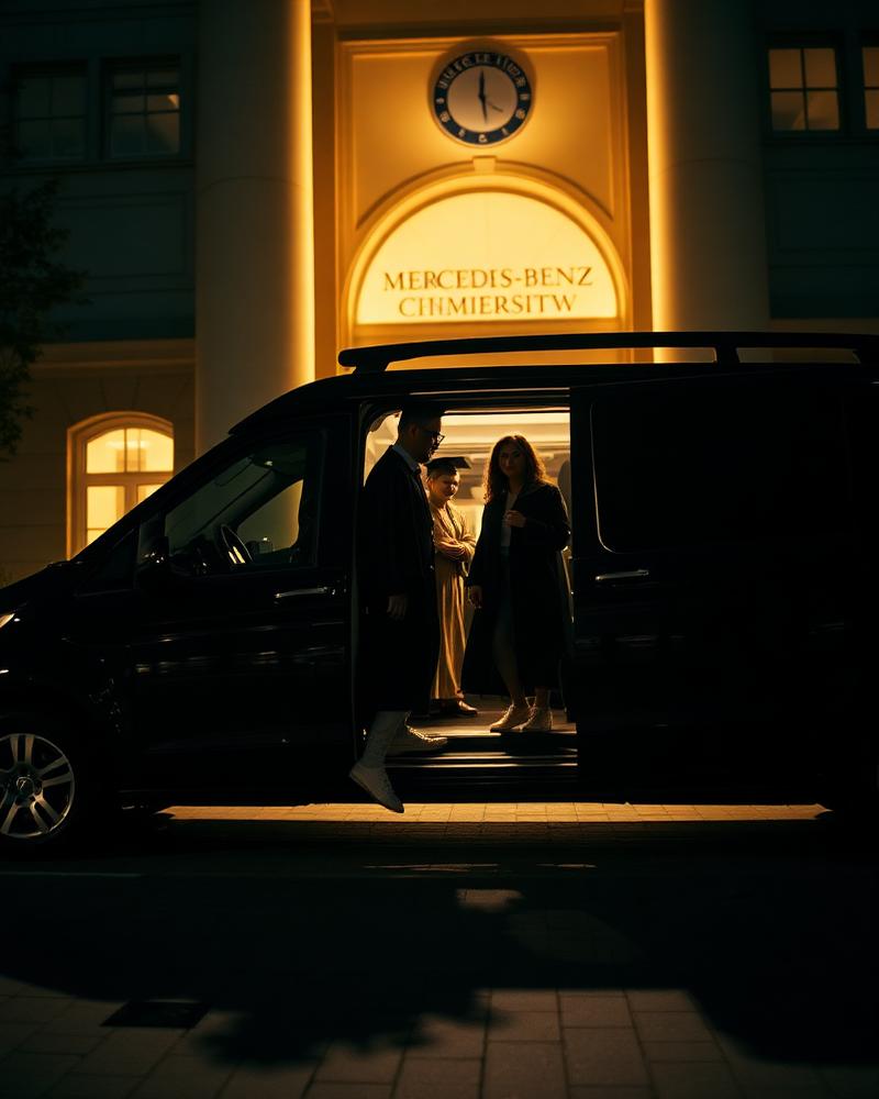 Graduate in cap and gown stepping out of a black Mercedes V-Class outside a university building