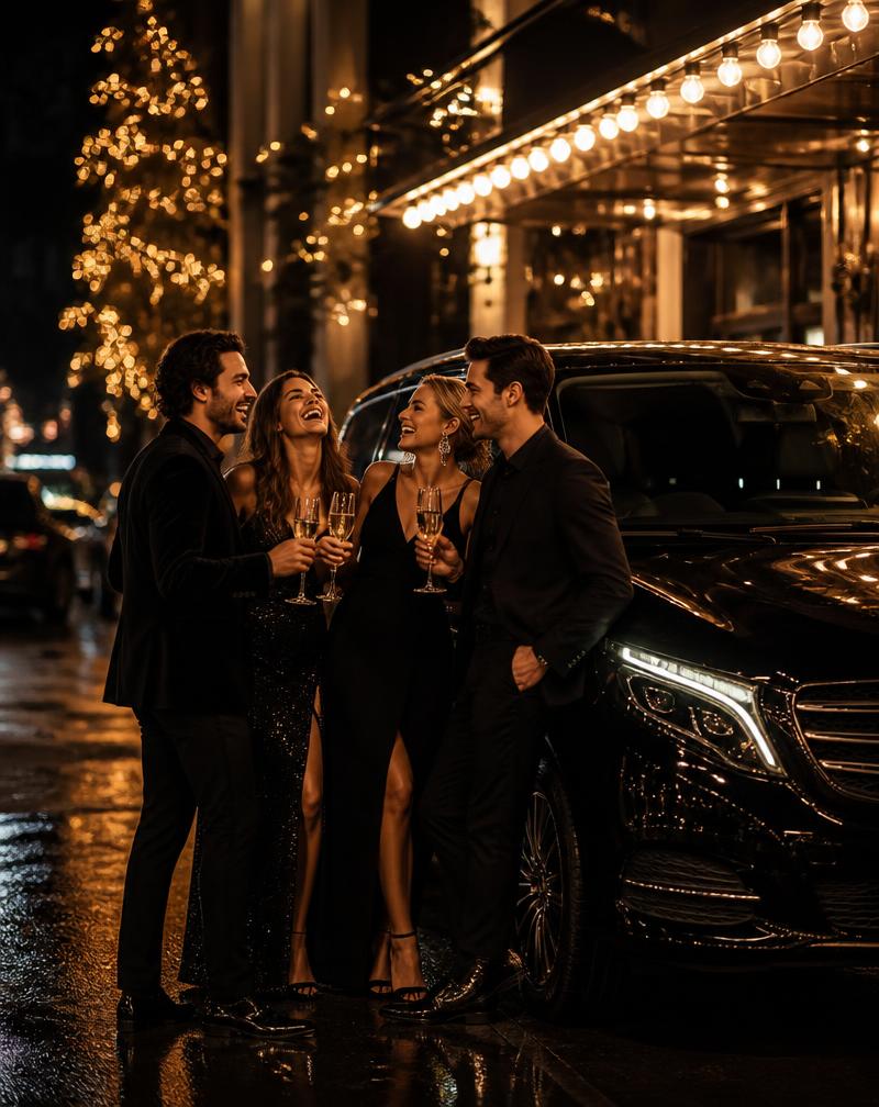 Friends celebrating with champagne beside a black Mercedes V-Class outside an upscale venue
